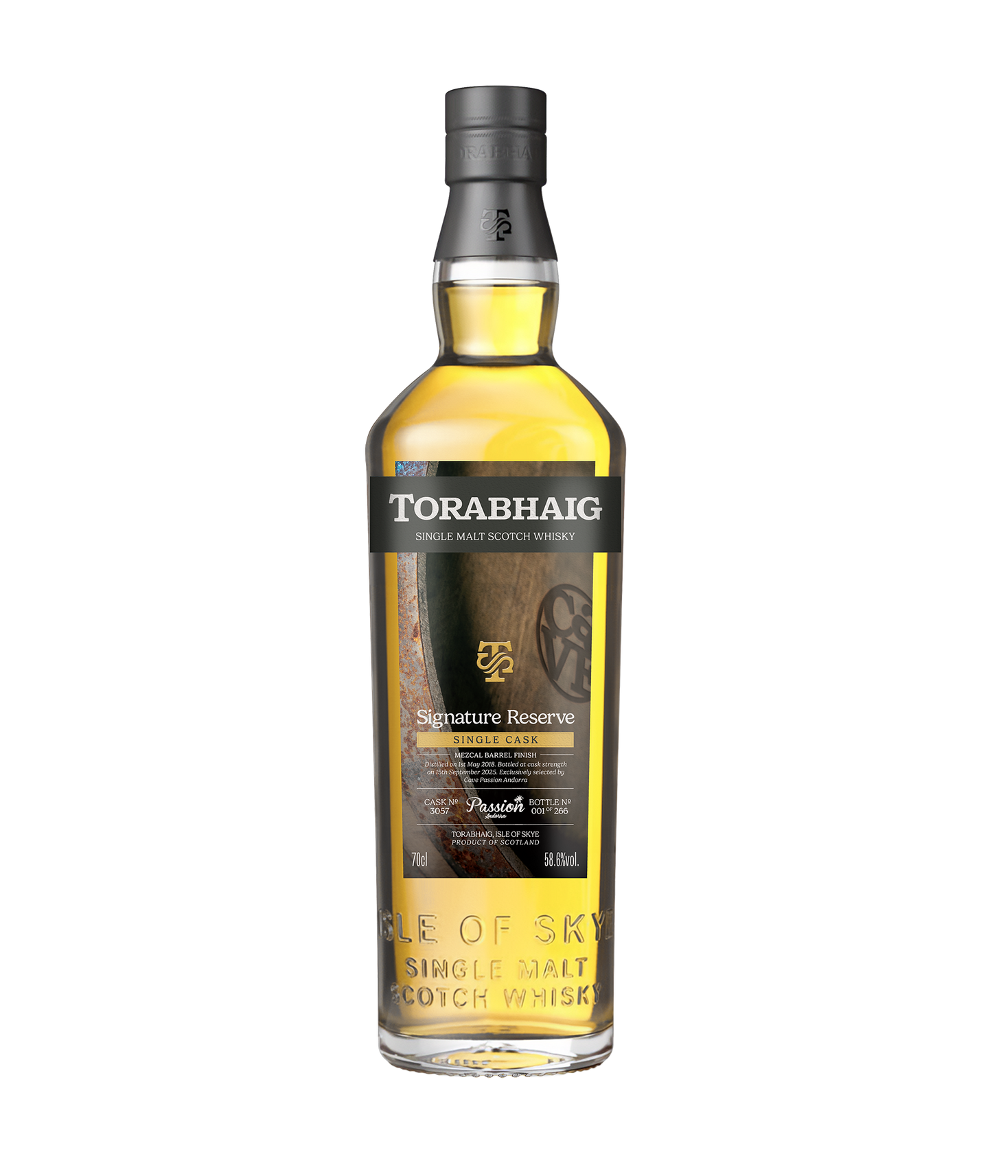 Torabhaig Signature Reserve single malt whisky bottle on transparent background