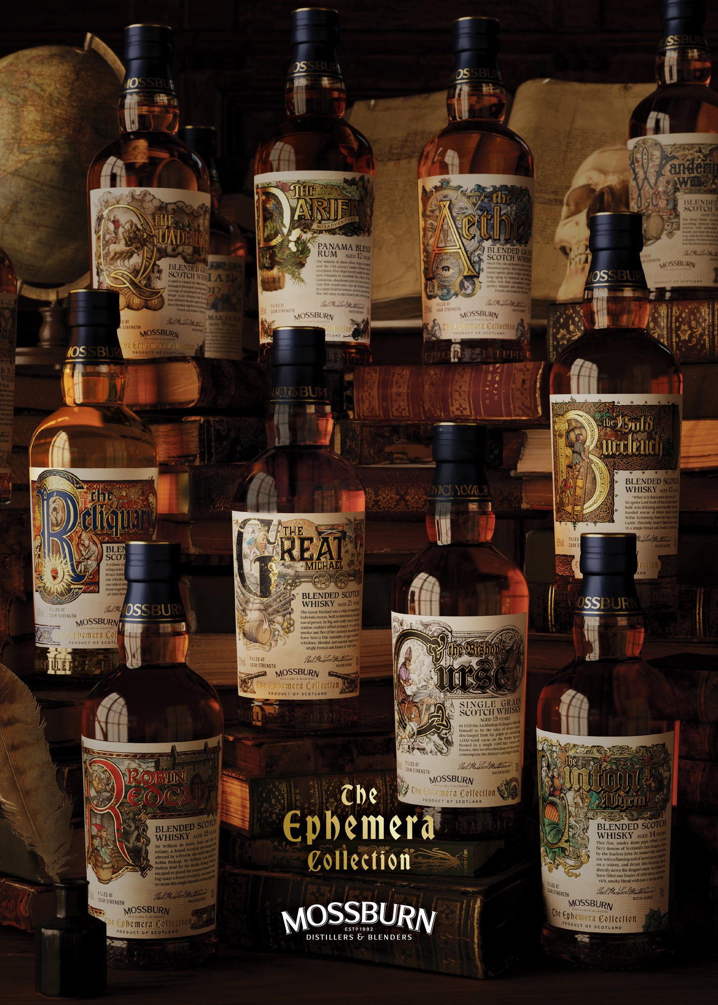 Whisky bottles with ornate illustrated labels displayed on wooden shelves