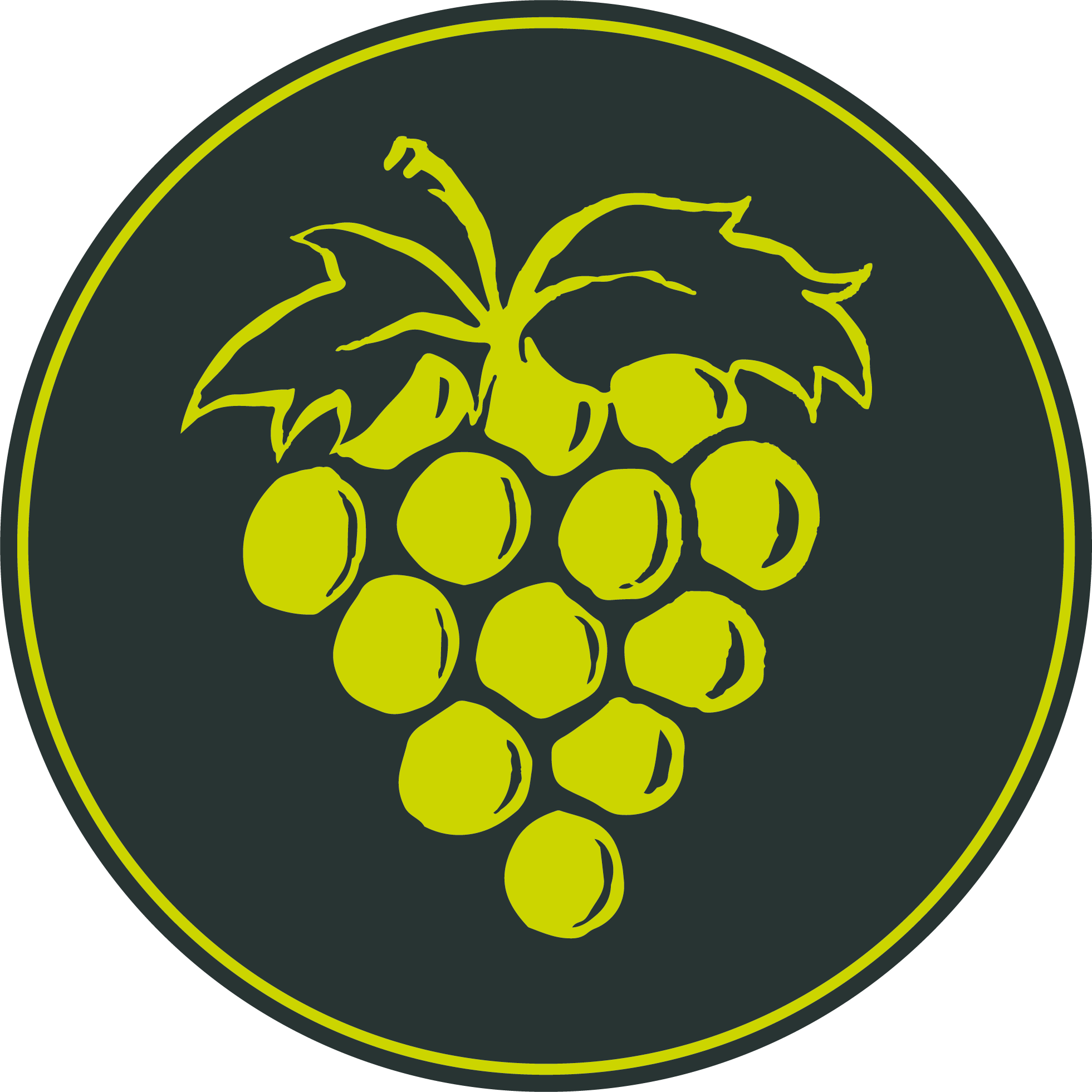 Majestic logo featuring green grape cluster with leaves on dark circular background