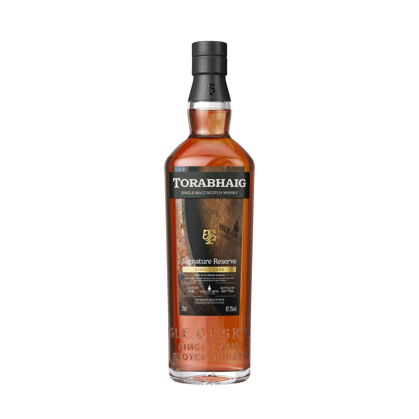 Torabhaig Signature Reserve single malt whisky bottle on transparent background