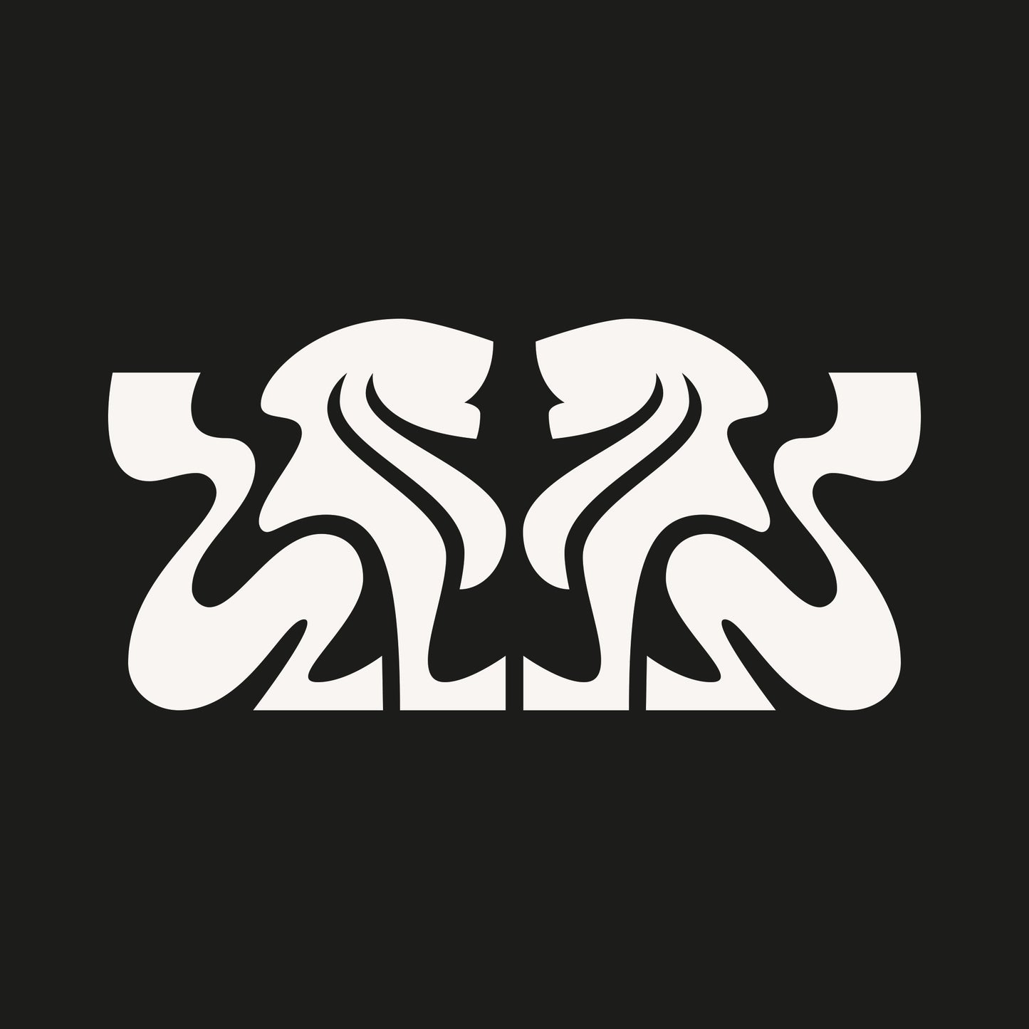 Off-white symmetrical crest with two abstract lions facing each other on black background