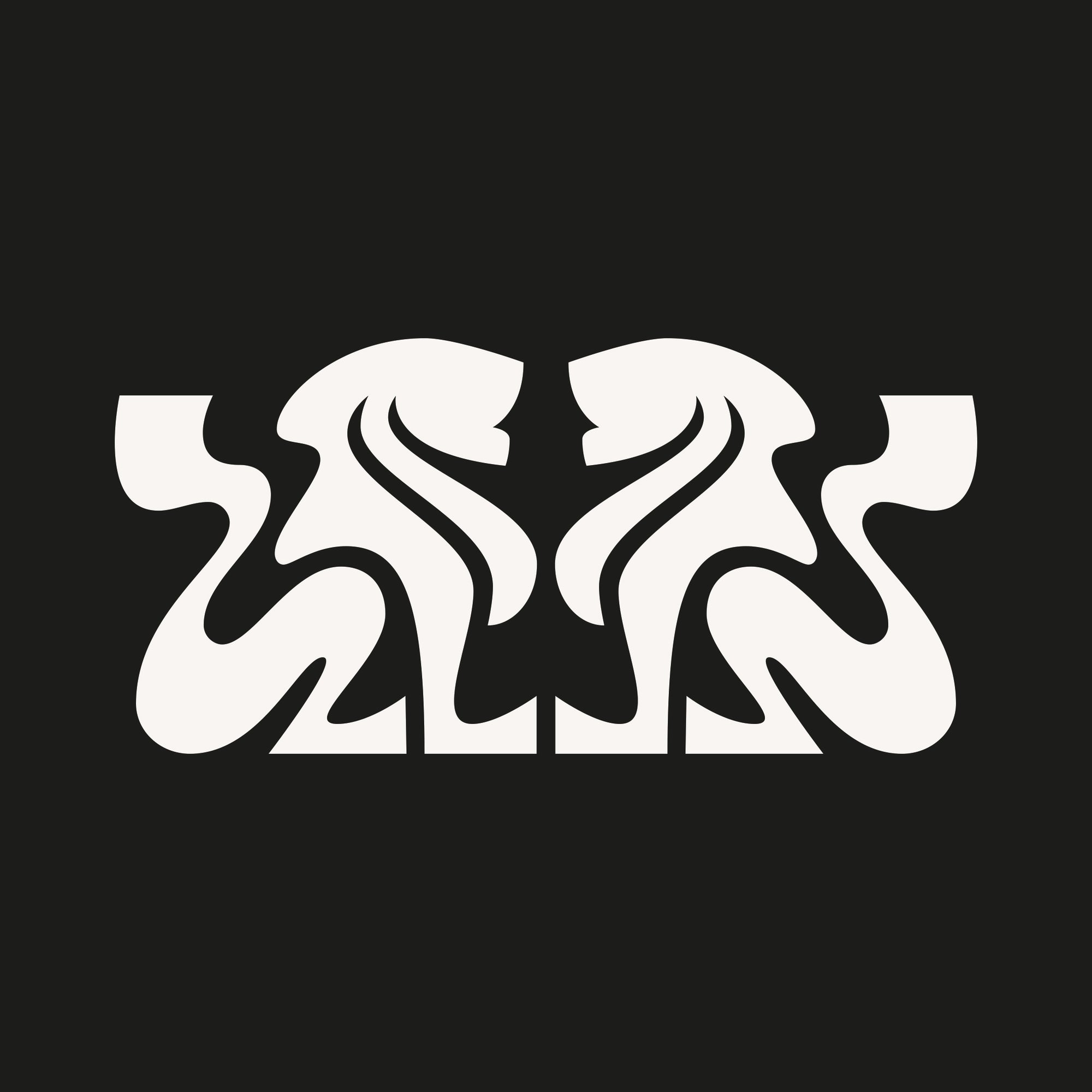 Off-white symmetrical crest with two abstract lions facing each other on black background