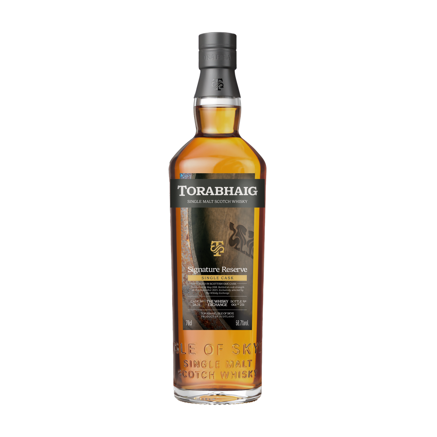 Torabhaig Signature Reserve single malt whisky bottle with label on transparent background