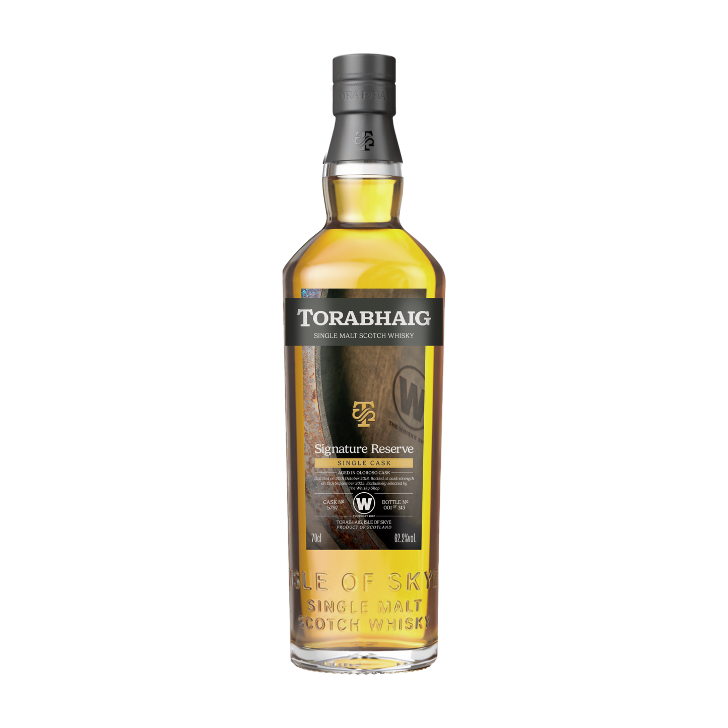Torabhaig Signature Reserve single malt whisky bottle with warm amber liquid on transparent background