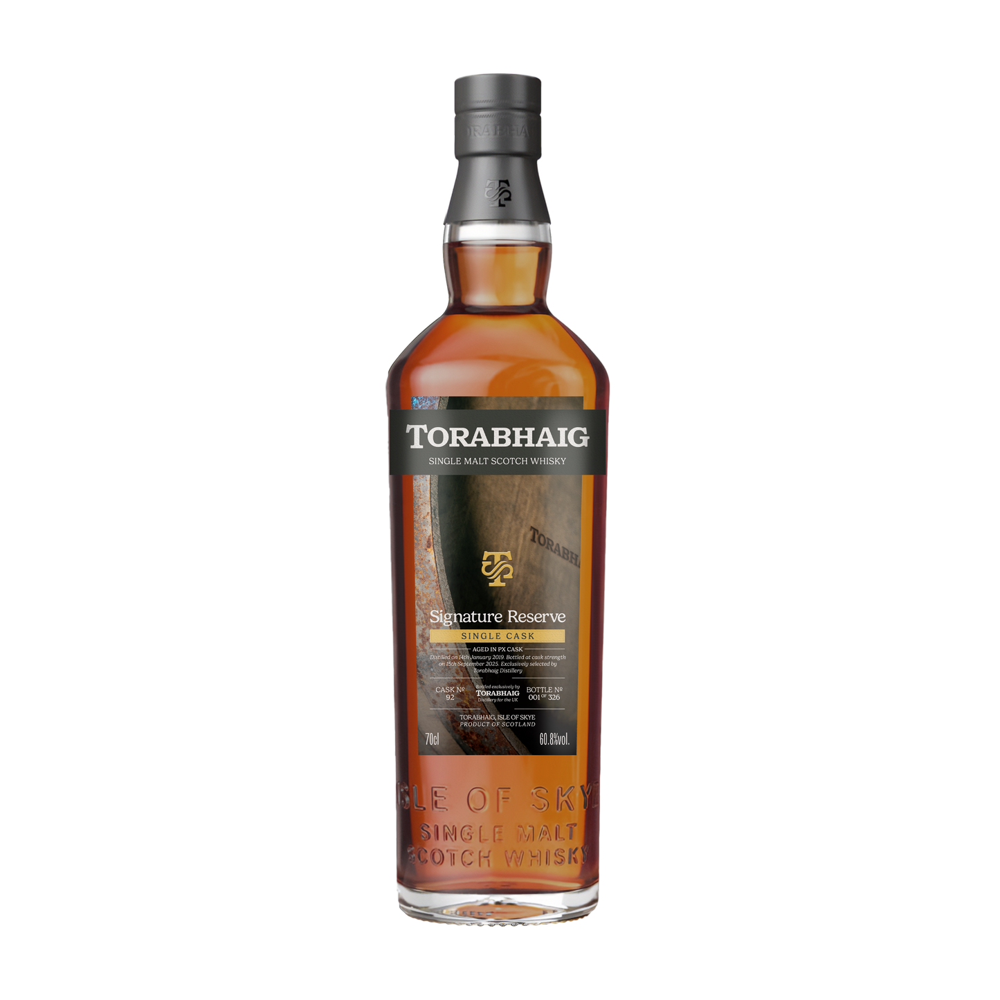 Torabhaig Signature Reserve single malt whisky bottle on transparent background
