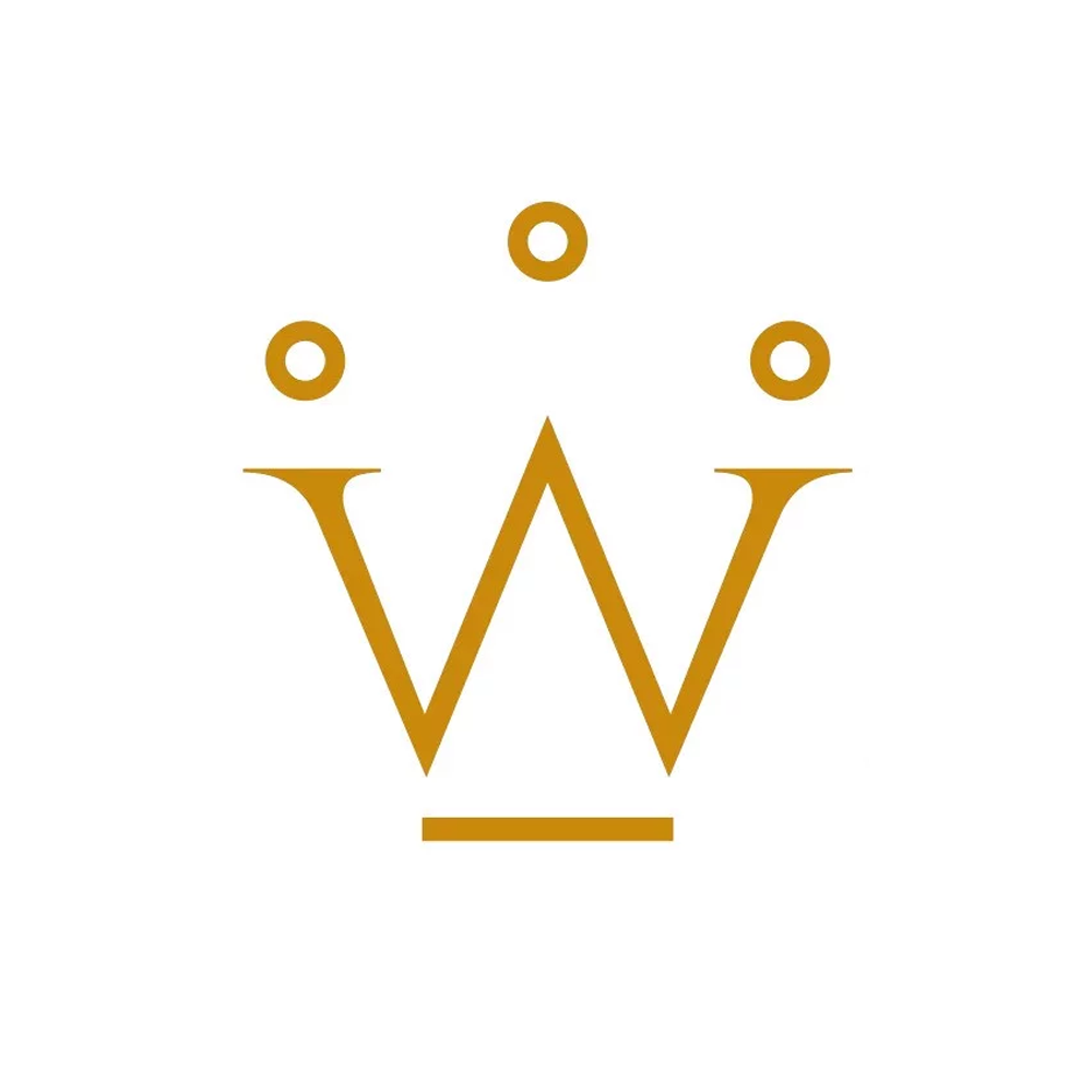 Gold letter W with three dot crown logo on white circle
